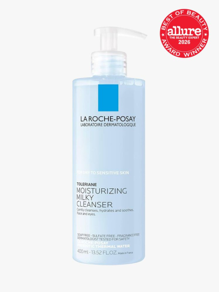 La Roche-Posay Toleriane Moisturizing Milky Cleanser light blue bottle of cleanser with pump cap on light gray background with red Allure Best of Beauty seal in the top right corner