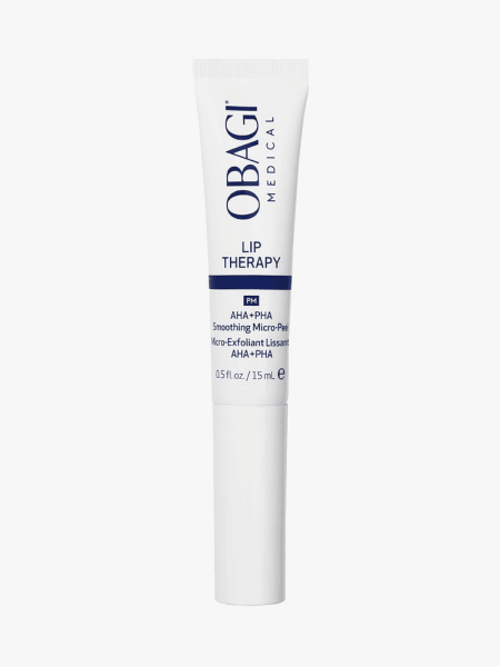 Obagi Lip Therapy AHA+PHA Smoothing Micro-Peel in branded tube component on a light gray background