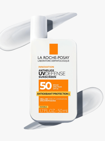 La Roche-Posay Anthelios UVDefense Sunscreen SPF 50 on a light gray background