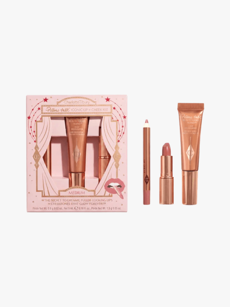 Charlotte Tilbury Pillow Talk Iconic Lip & Cheek Set in multiple branded components on a light gray background