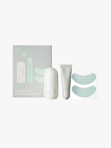 Rhode Sugarmint Trio Limited Edition Skincare Set in multiple branded components on a light gray background