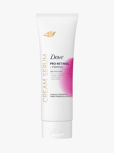 Dove Pro-Retinol Body Cream Serum in branded tube component on a light gray background