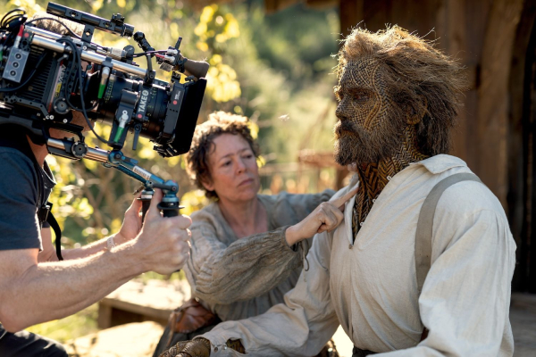 Olivia Colman and Alexander Skarsgard being filmed for their film Wicker. Skarsgard is covered in woven prosthetics.