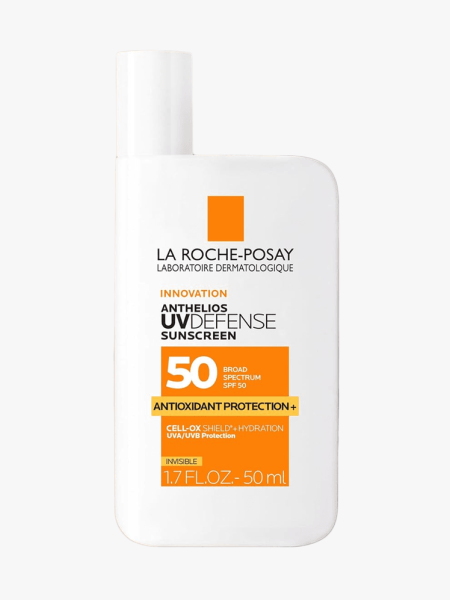 La Roche-Posay Anthelios UVDefense SPF 50 Sunscreen with BEMT in branded component on a light gray background